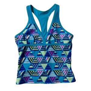 Justice Girls Swim Tank Blue and Geometric Print
